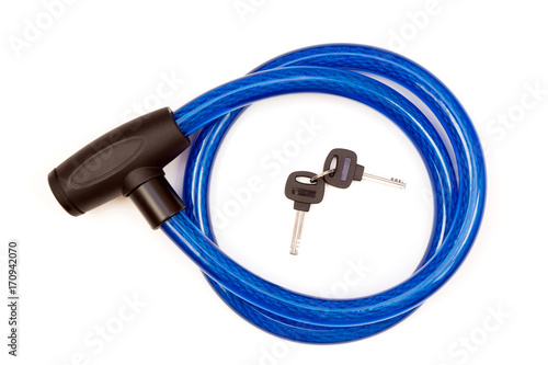 Blue bike cable lock with keys on white background.