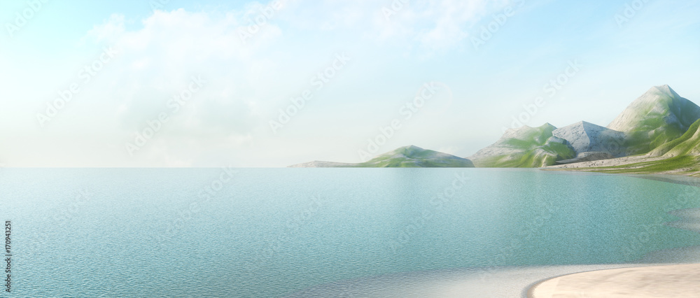 Sea landscape ana mountain3d illustration nature lifestyle in summer.