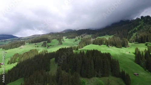 Mountain Village on a Sunny Summer day. Footage. Village in the mountains. Aerial photo