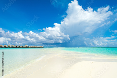 Beautiful tropical landscape of sandy beach near Indian Ocean, Maldives