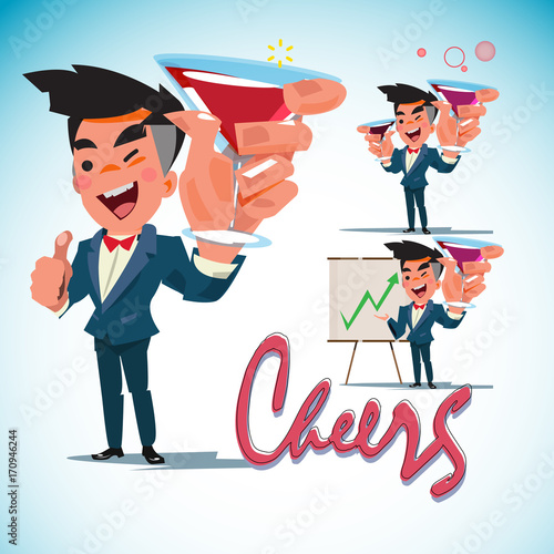 business man holding red wine and thumbs up with cheers text design. successful concept - vector