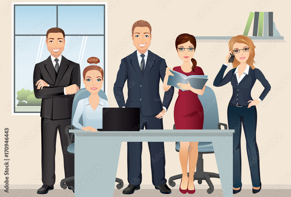 Meeting business people. Teamwork. Office team discussing and brainstorming in meeting room. / Vector illustration, flat design Meeting business people. Teamwork. Office team discussing and brainstorming in meeting room. / Vector illustration, flat design