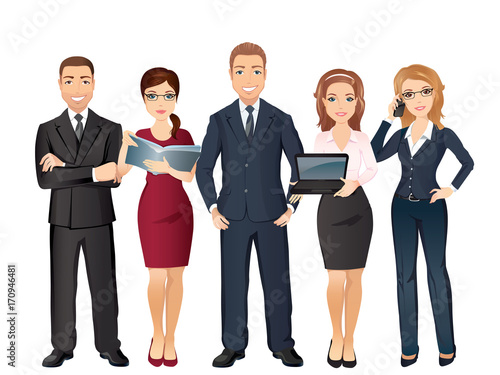 Group of five persons , full length, business team, Teamwork / Vector Illustration, cartoon characters, flat design