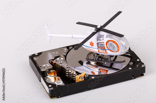 Obraz na płótnie ambulance helicopter on harddrive or hdd - data rescue concept w salonie