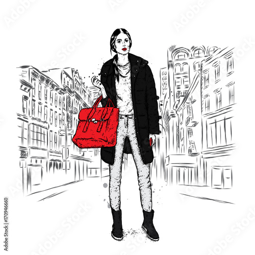 Pretty girl in fashionable clothes in the streets with a red coat. Vector illustration.