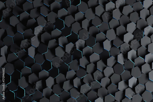Abstract background with black randomly arranged hexagons. Futuristic backdrop with hexagonal black shapes and blue edges. 3D illustration. 