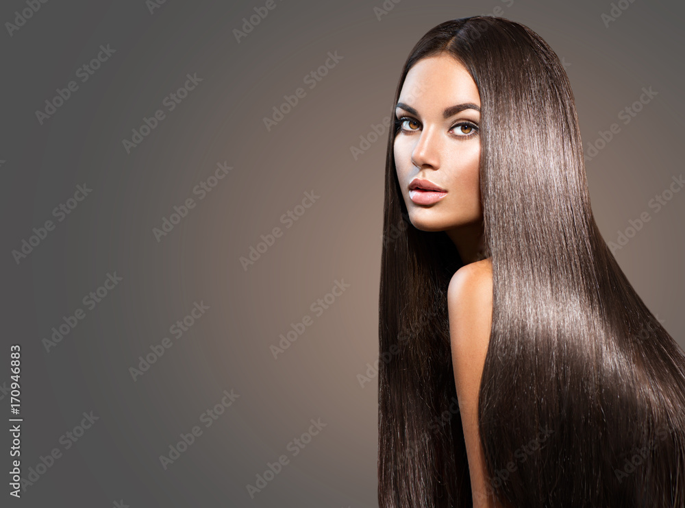 Beautiful long hair. Beauty woman with straight black hair on dark  background Stock Photo | Adobe Stock