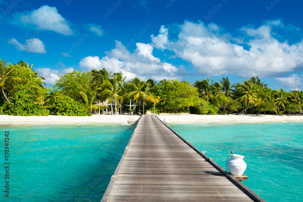 Wooden bridge to beautiful sandy beach under the shade of palms and tropical plants, Maldives
