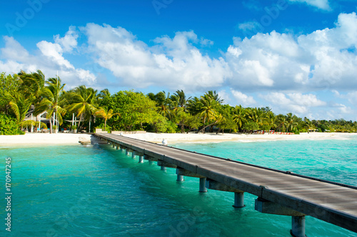 Fototapeta Naklejka Na Ścianę i Meble -  BWooden bridge to beautiful sandy beach under the shade of palms and tropical plants, Maldives