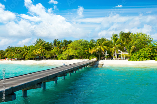 BWooden bridge to beautiful sandy beach under the shade of palms and tropical plants  Maldives