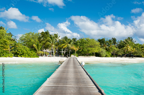 BWooden bridge to beautiful sandy beach under the shade of palms and tropical plants, Maldives © Myroslava