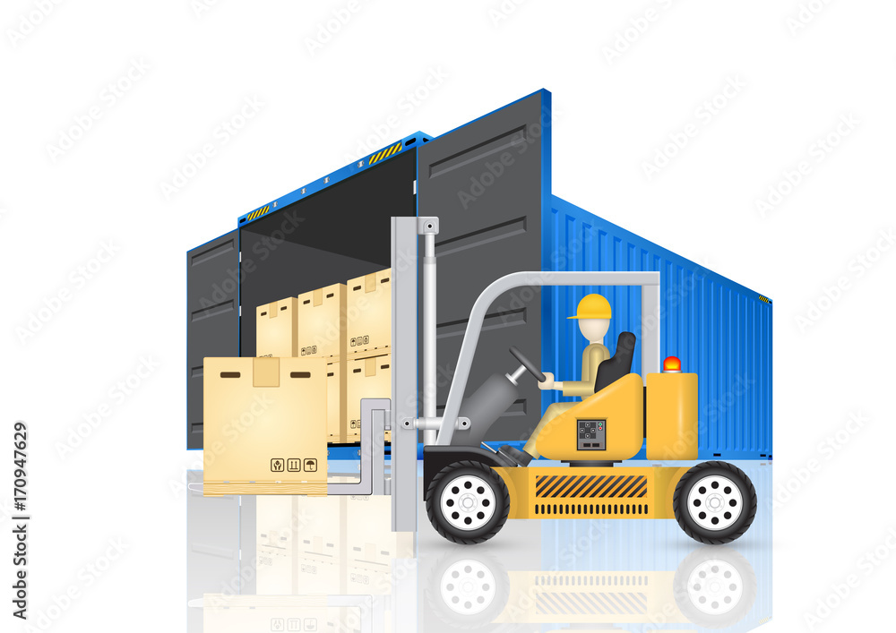 Vector illustration of operator handling cardboard box on pallet into storage cargo container by forklift, equipment for logistic, shipping and delivery. Freight transport and distribution industry.