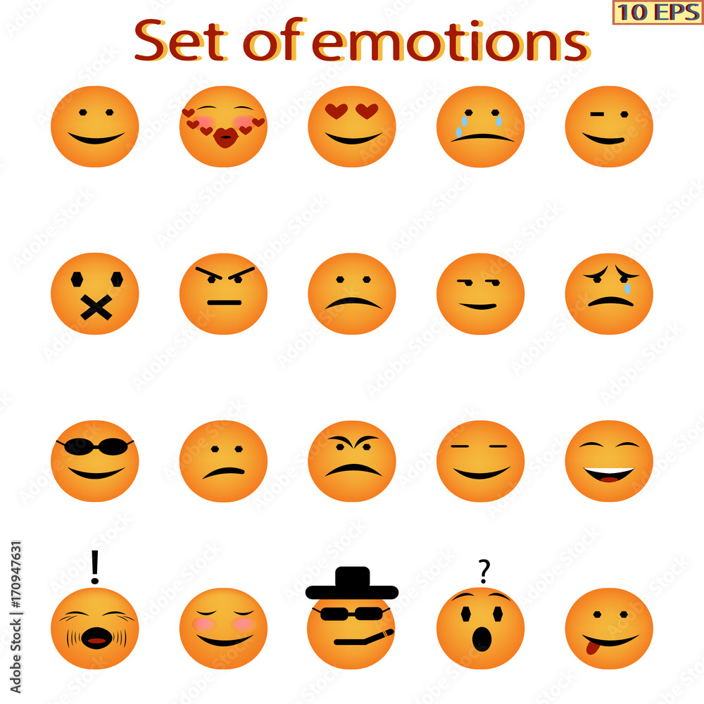 Set of emotions. Round yellow faces. Set of orange face with emotions. Yellow icons with different characteristic expressions. Mood. Icon pack, moji. Vector illustration. Set of emotions. Round yellow faces. Set of orange face with emotions. Yellow icons with different characteristic expressions. Mood. Icon pack, moji. Vector illustration.
