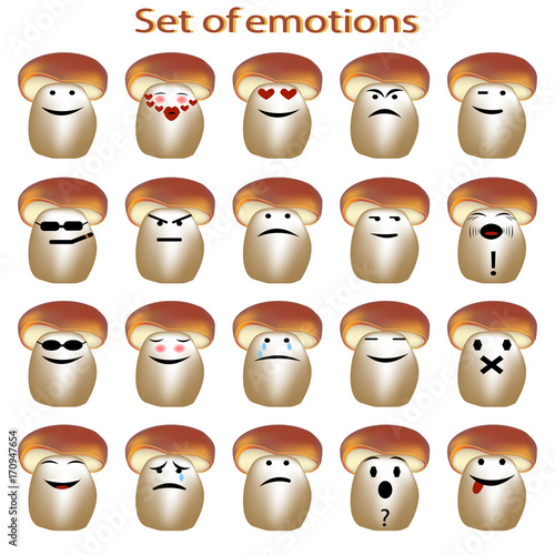 Vector. Set of emoticon. Mood. Icons cartoon mushrooms with different emotions. Smiley icons for web design. Icons from fungi with different characteristic facial expressions. Vector illustration.
