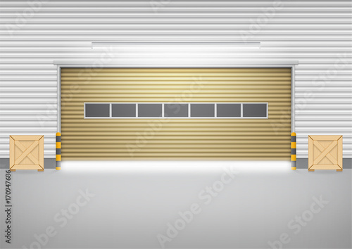 Roller door or roller shutter. Also called security door or security shutter. For protect residential, commercial and industrial building i.e. house, factory, warehouse, hangar. Vector illustration.