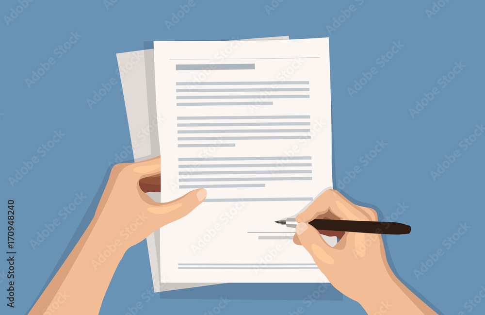 Flat vector illustration of man writing signature on contract document on blue background Flat vector illustration of man writing signature on contract document on blue background