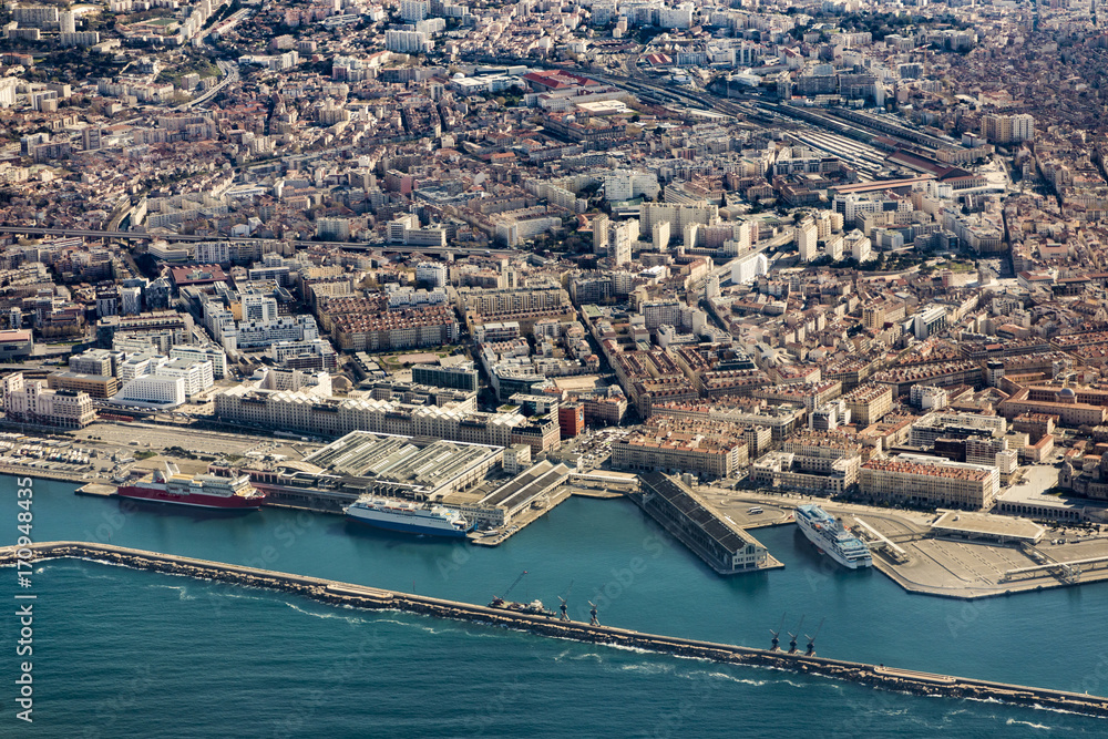 Fototapeta premium aerial view to harbor of Marseilles with cruise ships