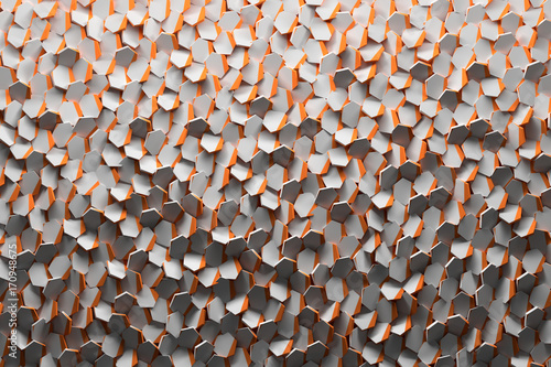 Background with randomly arranged hexagons. Paper hexagonal confetti in white orange colors. 3d illustration.