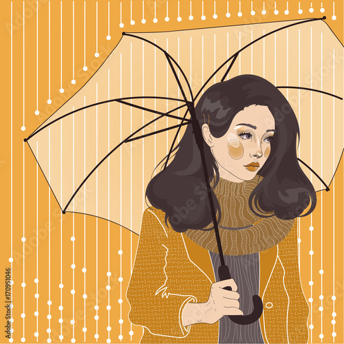  vector beautiful girl in scarf under umbrella, it's raining, autumn