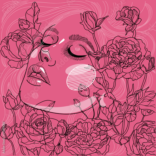 vector beautiful girl nymph fairy portrait in blooming roses on a pink background