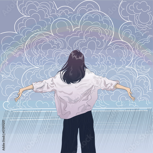  vector girl spread her arms towards the rainy clouds in the sky and rainbow, the view from the back