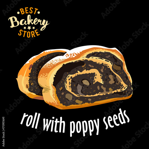 Baked sliced roll with poppy seeds vector. Baked bread product