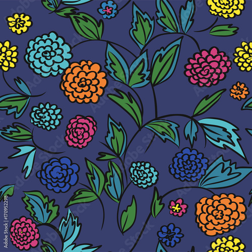 Floral seamless background pattern with flowers and leaves, spring - summer season. Vector illustration for textile, wrapping paper, wallpaper, сurtains .
