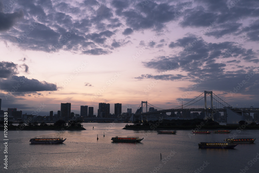 Obraz premium 夕暮れの東京湾と対岸の街並み