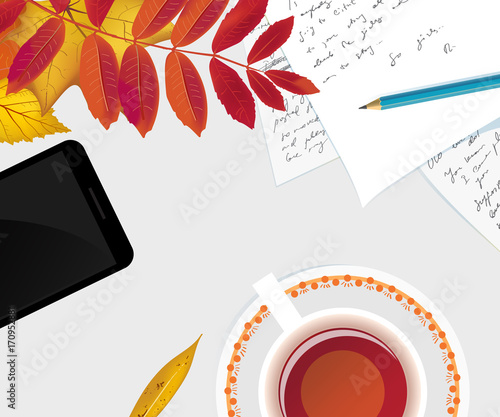 Workspace desk with autumn foliage, smartphone, cup of tea, pencil and handwritten papers with copy space background. Flat lay vector illustration