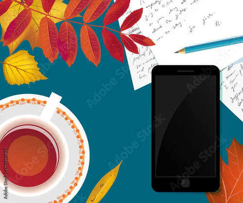 Workspace desk with autumn foliage, smartphone, cup of tea, pencil and handwritten papers with copy space background. Flat lay vector illustration