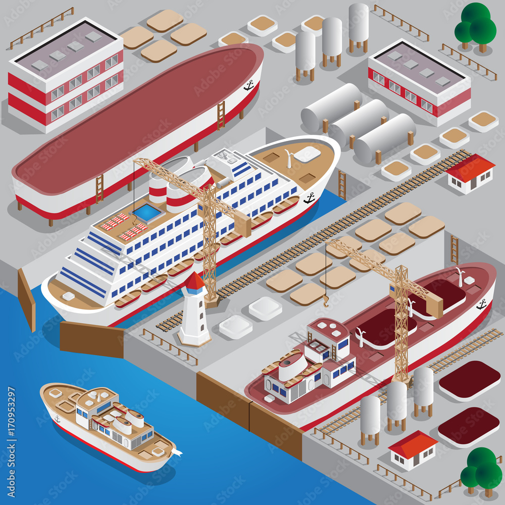 Naklejka premium Repair of ships. Dock. Isometric. Vector illustration.