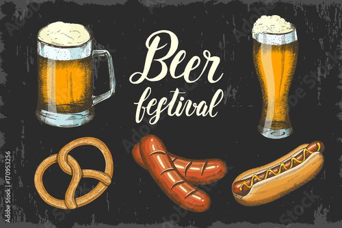 Oktoberfest set with hand drawn beer, pretzel, sausage and hod dog. Hand made lettering. Sketch. Oktoberfest objects for menu, poster, banner, flyer, brochure, web, advertising 
