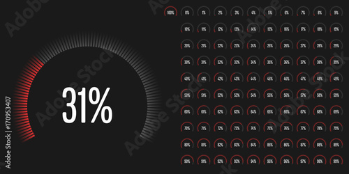 Set of circular sector percentage diagrams from 0 to 100 ready-to-use for web design, user interface (UI) or infographic - indicator with red