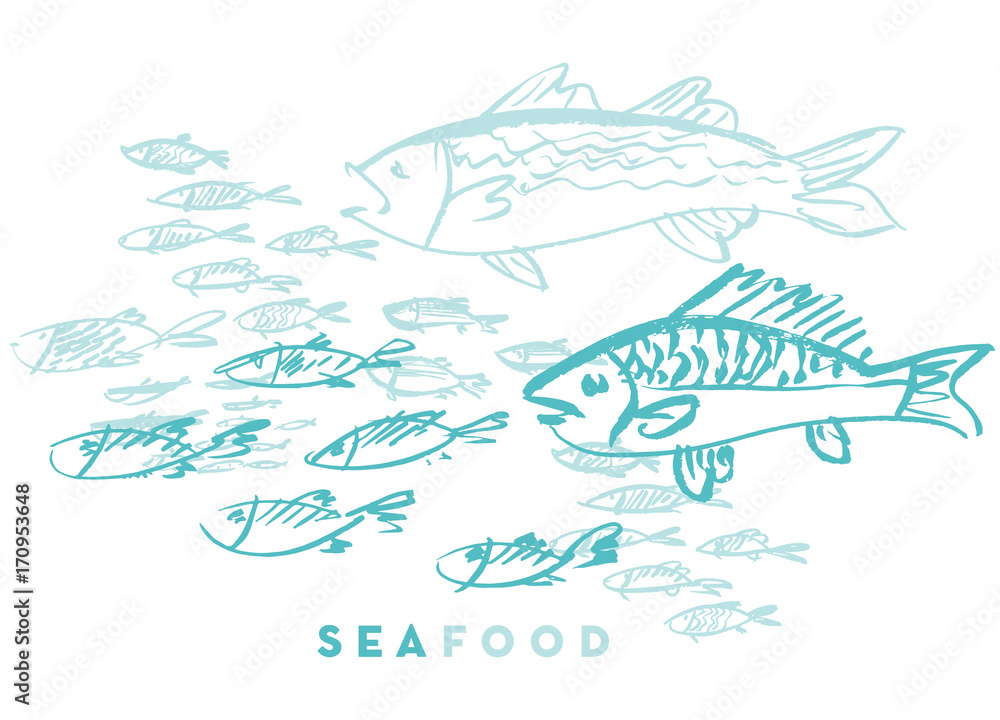 seafood fish and wave abstract hand drawn design elements for menu, poster, invitation. vector traced graphic illustration