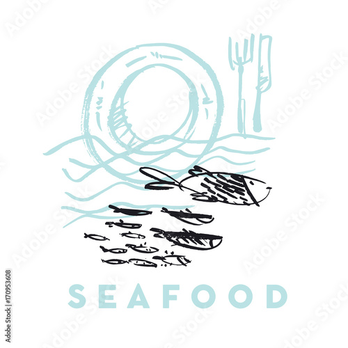 seafood fish and wave abstr...