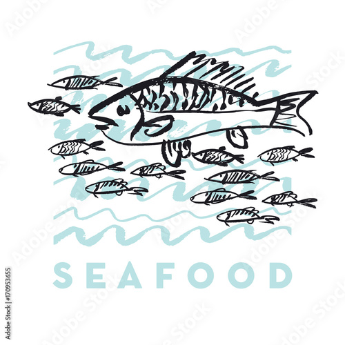 seafood fish and wave abstract hand drawn design elements for menu, poster, invitation. vector traced graphic illustration
