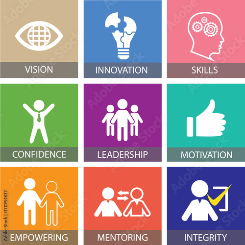 Vector illustration. Leadership in business concept. Leader success business people skill development icons typography
