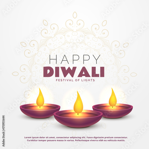 beautiful happy diwali greeting with burning diya for festival of lights