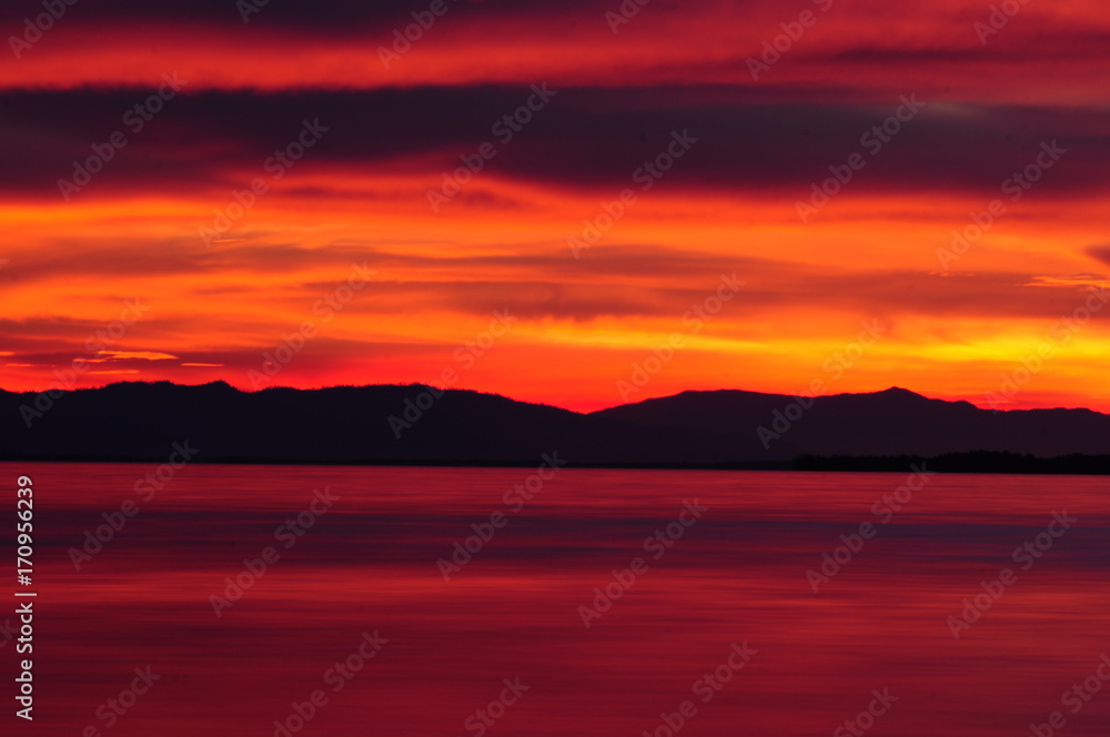 Dramatic red sky at sunset over the sea in Bocas Island, Panama