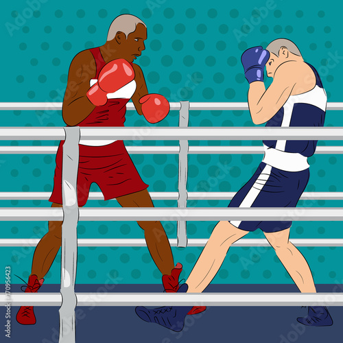 Boxing tournament. Two boxers are fight in professional boxing match. On the ring are caucasian and african american fighters. Realistic vector