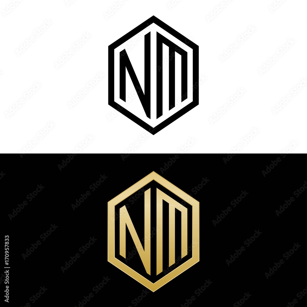 initial letters logo nm black and gold monogram hexagon shape vector ...