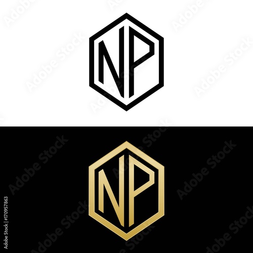initial letters logo np black and gold monogram hexagon shape vector