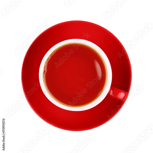 Full red cup of black tea isolated on white