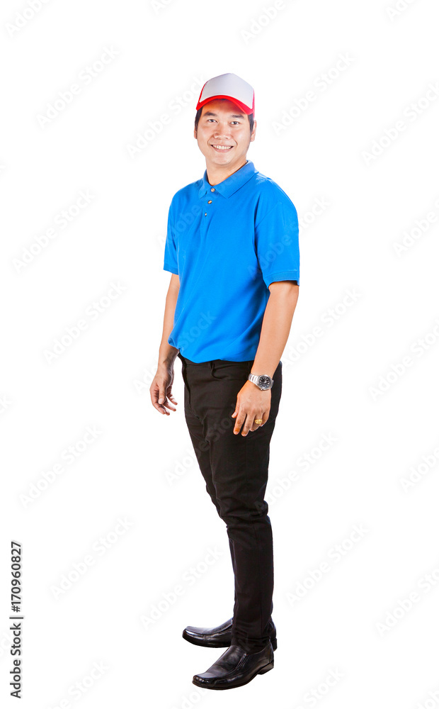 asian working man in blue shirt toothy smiling face good service mind isolated white background