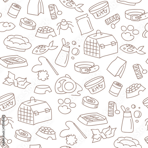 Seamless cartoon pattern with outline petshop cat and dog elements. Vector illustration.