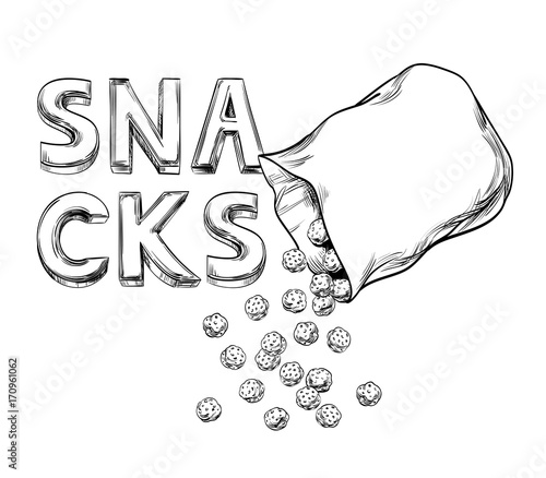 Packing of Snacks, quick breakfast or cold cereals on the background of the inscription. Open pillow bag with a blank space for text from which chips balls are poured. Sketching on Chalkboard. Vector