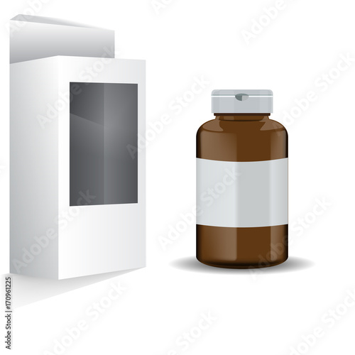 Pills box. Brown medical container with its blank box. Vector illustration isolated on white background