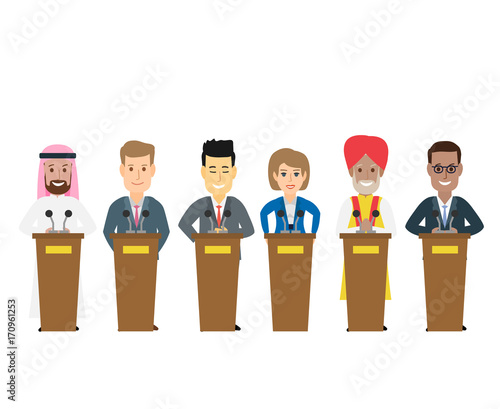 politicians of different nationalities standing at the podium on white background