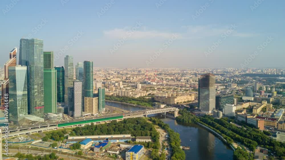 sunny summer day moscow city riverside business block aerial panorama 4k time lapse russia