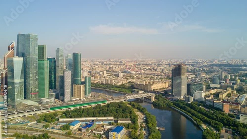 sunny summer day moscow city riverside business block aerial panorama 4k time lapse russia
